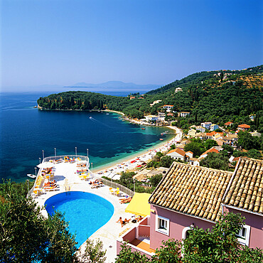 View over bay, Kalami, north east coast, Corfu, Ionian Islands, Greek Islands, Greece, Europe