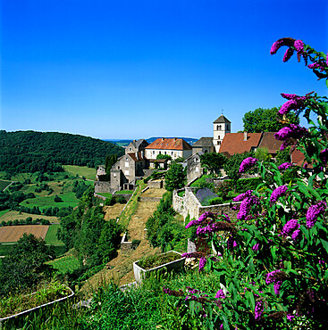 View over village, Chateau Chalon, Jura, Franche Comte, France, Europe