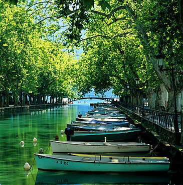 Boats along canal, Annecy, Lake Annecy, Rhone Alpes, France, Europe