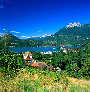 View over village to lake, Duingt, Lake Annecy, Rhone Alpes, France, Europe