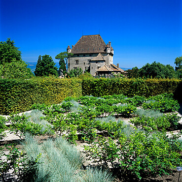 The Chateau and Jardin des Cinq Sens (Garden of the Five Senses), Yvoire, Lake Geneva (Lac Leman), Rhone Alpes, France, Europe