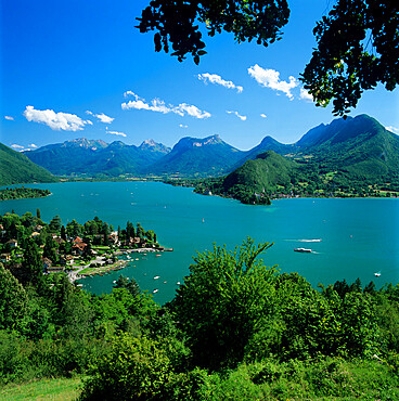 View over village and Lake Annecy, Talloires, Lake Annecy, Rhone Alpes, France, Europe