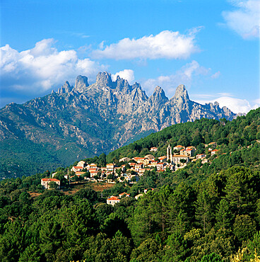 View over village and Bavella Mountains, Zonza, South Corsica, Corsica, France, Europe