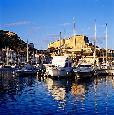 View over the Marina to Citadel and Haute Ville, Bonifacio, south coast, Corsica, France, Mediterranean, Europe