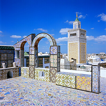 View over city and Great Mosque from tiled roof top, Tunis, Tunisia, North Africa, Africa