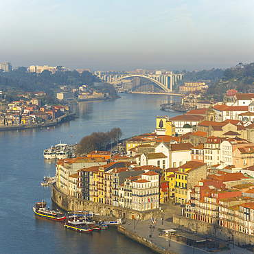 Aerial view of Porto at dawn, Porto, Norte, Portugal, Europe