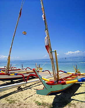 Prahu boats, Sanur Beach, Bali, Indonesia, Southeast Asia, Asia