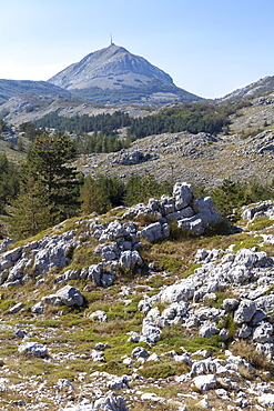 Views of Lovcen National Park with Njegos's Mausoleum in the distance, Montenegro, Europe