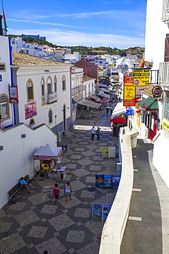 Looking from above the tunnel onto markets and stalls, Old Town, Albufeira, Algarve, Portugal, Europe