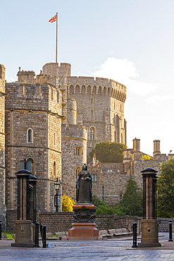 Windsor Castle and statue of Queen Victoria at sunrise, Windsor, Berkshire, England, United Kingdom, Europe