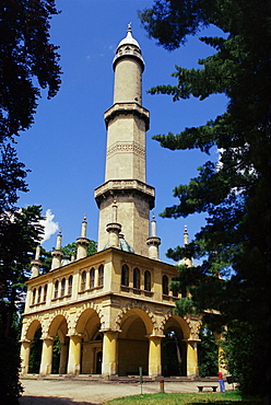 Turkish style minaret in chateau gardens, Lednice, UNESCO World Heritage Site, South Moravia, Czech Republic, Europe