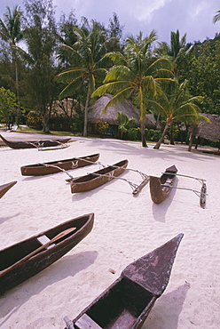 Outriggers on beach, Hotel Sofitel Marara, Bora Bora, Tahiti, Society Islands, South Pacific, Pacific