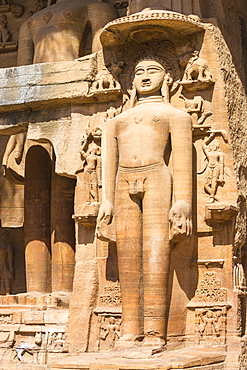 Jain images cut into the cliff rock of Gwalior Fort, Gwalior, Madhya Pradesh, India, Asia