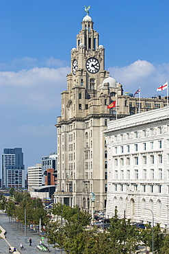 Pier Head, view of the Three Graces Buildings, Liverpool, Merseyside, England, United Kingdom, Europe