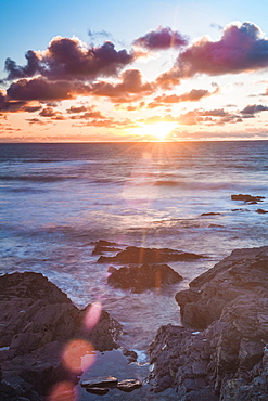 Rocky coast at Treyarnon Bay at sunset, Cornwall, England, United Kingdom, Europe