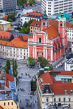 Franciscan Church of the Annunciation, across the Triple Bridge in Preseren Square, seen from Ljubljana Castle, Slovenia, Europe