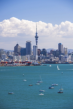 Auckland City skyline and Auckland Harbour seen from Devenport, North Island, New Zealand, Pacific