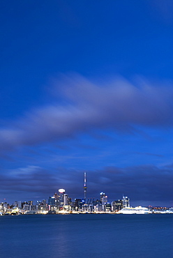 Auckland skyline at night seen from Devenport, Auckland, North Island, New Zealand, Pacific