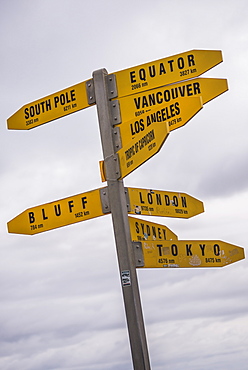 City distances sign at Cape Reinga Lighthouse, Northland, North Island, New Zealand, Pacific