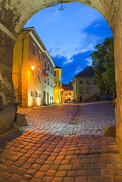 Sighisoara at night in the historic centre of the 12th century Saxon town, Sighisoara, UNESCO World Heritage Site, Transylvania, Romania, Europe