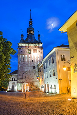 Sighisoara Clock Tower at night in the historic centre of Sighisoara, a 12th century Saxon town, UNESCO World Heritage Site, Transylvania, Romania, Europe