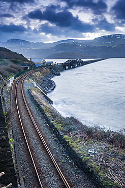 Barmouth Bridge at sunrise, Snowdonia National Park, Gwynedd, North Wales, Wales, United Kingdom, Europe