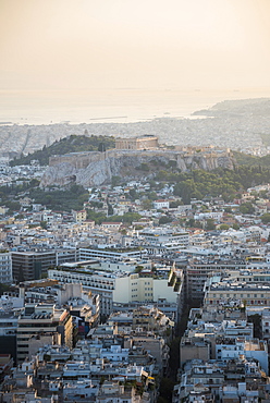 View over Athens and The Acropolis at sunset from Likavitos Hill, Athens, Attica Region, Greece, Europe