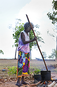 A woman, Aboriginal elder, stirring pandanus for weaving baskets, Nyinyikay Homeland, East Arnhem Land, Northern Territory, Australia, Pacific