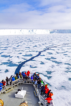 The Lindblad Expedition ship National Geographic Explorer at Austfonna in the Svalbard Archipelago, Norway.