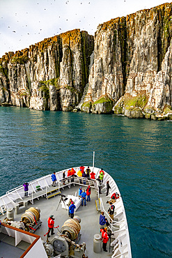 The Lindblad Expedition ship National Geographic Explorer near Cape Fanshawe in the Svalbard Archipelago, Norway.