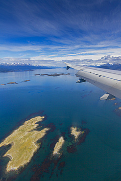 Aerial View of the Beagle Channel and the town of Ushuaia, Argentina, South America.