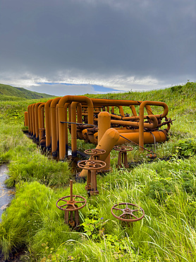 Great Sitkin Island, the site of a fuel depot during World War II called Sand Bay Naval Station, Andreanof Islands, Alaska.
