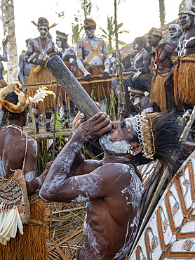 Male warriors from the village of Per perform a greeting ceremony in traditional regalia, Asmat Region, Papua, Indonesia.