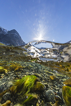 Above and below view of ice melt waterfall cascading down in Svartisen National Park, Melfjord, Nordfjord, Norway, Scandinavia, Europe