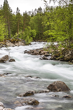 Slow motion blur detail of a raging river in Hellmebotyn, Tysfjord, Norway, Scandinavia, Europe