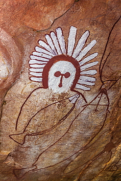 Aboriginal Wandjina cave artwork in sandstone caves at Raft Point, Kimberley, Western Australia, Australia, Pacific