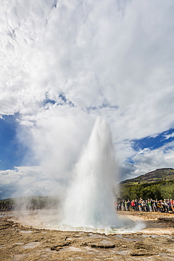 Tourists gather to watch Strokker geyser (geysir), an erupting spring at Haukadalur, Iceland, Polar Regions