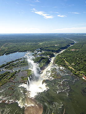 Aerial view by helicopter of Iguacu Falls (Cataratas do Iguacu), UNESCO World Heritage Site, Parana, Brazil, South America