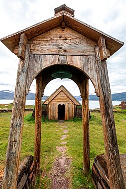 Norse chapel at the reconstruction of Erik the Red's Norse settlement at Brattahlid, southwestern Greenland, Polar Regions