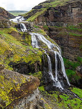 View of the Botnsv River and Glymur Waterfall, at 198 meters Iceland's tallest waterfall, Iceland, Polar Regions