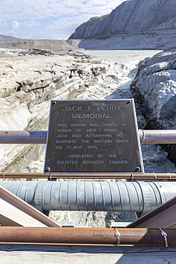 Sign at the Watson River melted from the Greenland Ice Sheet near Kangerlussuaq, Western Greenland, Polar Regions