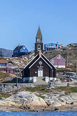 A view of the colorful town of Ilulissat, formerly Jakobshavn, Western Greenland, Polar Regions