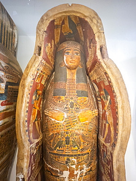 View of the remains of an ancient Egyptian Sarcophagus on display at the Egyptian Museum, Cairo, Egypt, North Africa, Africa