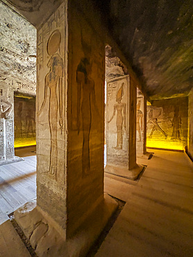 Interior view of the Small Temple of Abu Simbel with its successively smaller chambers leading to the sanctuary, UNESCO World Heritage Site, Abu Simbel, Egypt, North Africa, Africa