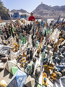 Egyptian vendor outside the Philae temple complex, The Temple of Isis, currently on the island of Agilkia, Egypt, North Africa, Africa