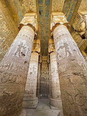 Columns inside the Hypostyle Hall, Temple of Hathor, Dendera Temple complex, Dendera, Egypt, North Africa, Africa