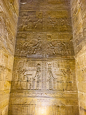 Interior view of the reliefs inside the Temple of Hathor, Dendera Temple complex, Dendera, Egypt, North Africa, Africa