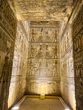 Interior view of the reliefs inside the Temple of Hathor, Dendera Temple complex, Dendera, Egypt, North Africa, Africa