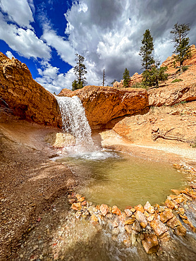 A waterfall running through the Mossy Cave Trail in Bryce Canyon National Park, Utah, United States of America, North America