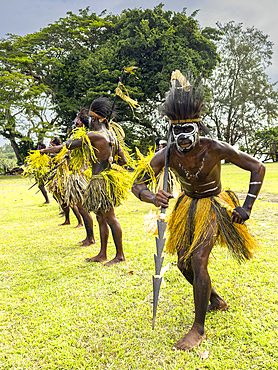 Six different groups of native warriors, drummers, and dancers perform on Kwato Island, Papua New Guinea, Pacific